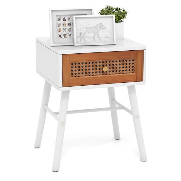 Costway White + Brown 1-Drawer 15 in. W Nightstand with Rattan Decoration Solid Wood Legs for Bedroom