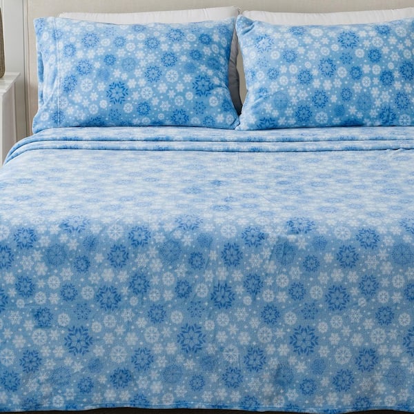 FRESHFOLDS Blue Snowflake Printed Velvet Plush Polyester Queen Ultra Soft Bed Sheet Set