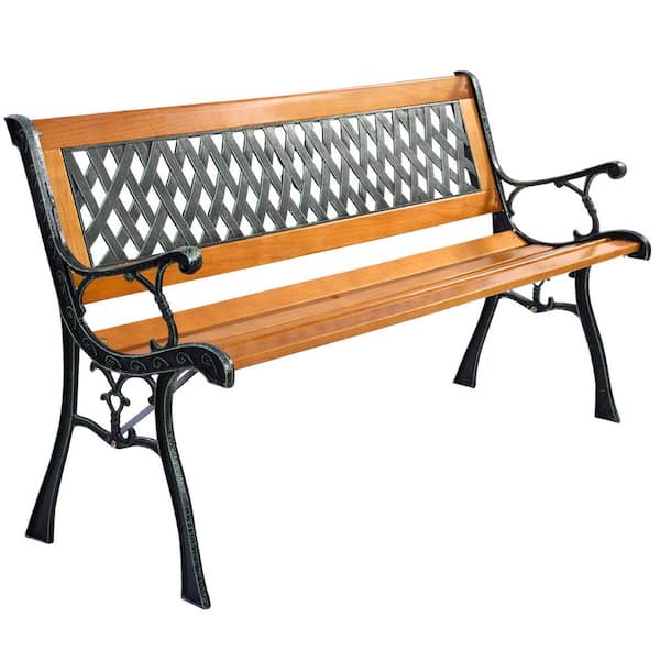 Garden 2-Person Black Frame Metal Outdoor Bench Porch Path Hardwood Chair for Patio Park