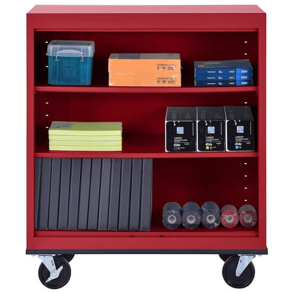 Mobile Bookcase Series 42 in. Tall Red Steel 3-Shelf Standard Bookcase with Casters