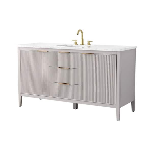 Emma 60 in. W Bath Vanity in Taupe with Engineered Stone Top in Arabescato with White Sink