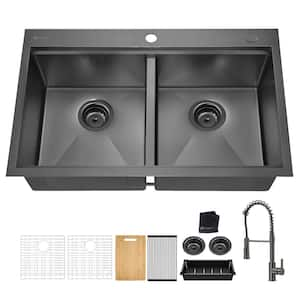 33 in Drop-In Double Bowl 18 Gauge Gunmetal Black Stainless Steel Workstation Kitchen Sink with Black Spring Neck Faucet