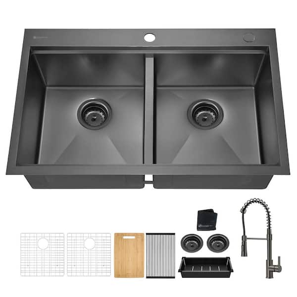 Glacier Bay 33 in Drop-In Double Bowl 18 Gauge Gunmetal Black Stainless Steel Workstation Kitchen Sink with Black Spring Neck Faucet