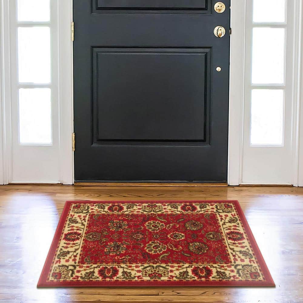 Red and Beige Synthetic Non-Slip Rectangular Area Rug