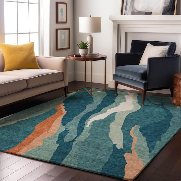 Mayfield Premium Machine Washable Abstract AMF1047 Teal 9 ft. x 12 ft. Area Rug