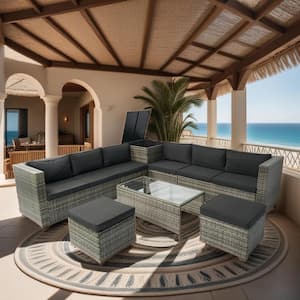 8-Piece Wicker Patio Conversation Set with with One Storage Box Under Seat, Grey Wicker, Black Cushions, Clear Glass Top