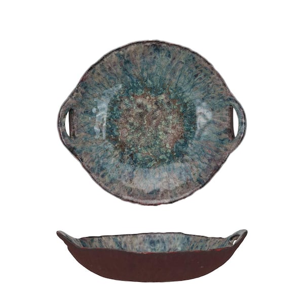 Storied Home 10.8 in. 28.75 fl. oz. Multicolor Round Stoneware Serving Bowl with Handles