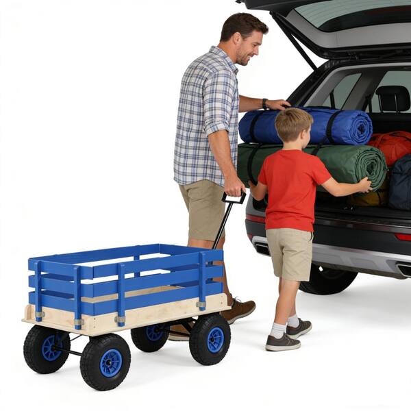 Flynama Blue Wooden Kids Pull Wagon with Removable Side Rails All