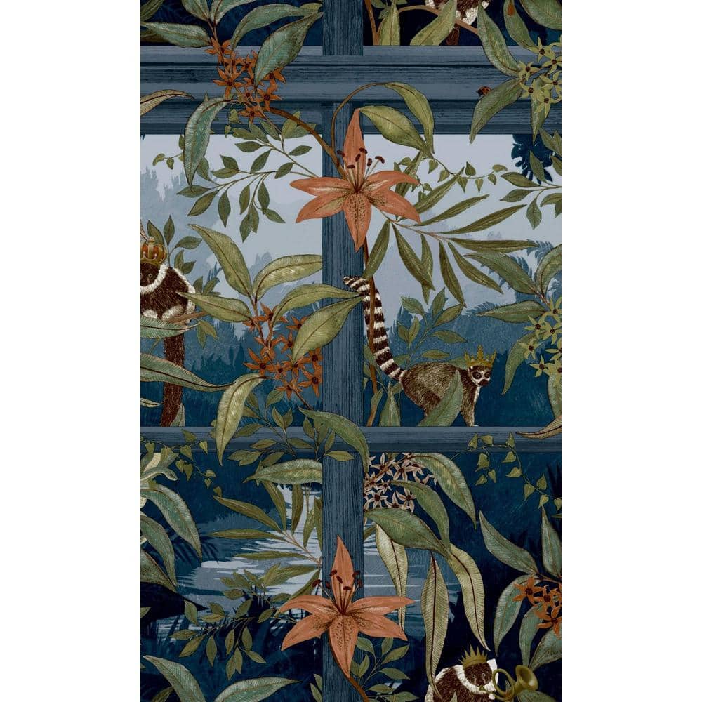 Navy Tropical Floral Foliage Non-Woven Wallpaper Double Roll