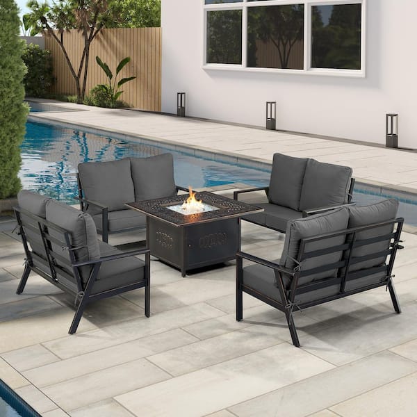 Black 5-Piece Aluminum Patio Fire Pit Set with Black Cushions