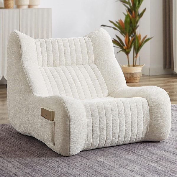White Chenille Bean Bag Chair, Upholstery Accent Armchair with Side Pocket for Lounging, Reading