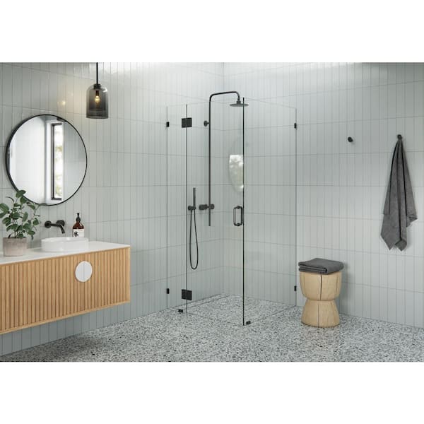 Glass Warehouse 38 in. W x 41 in. D x 78 in. H Pivot Frameless Corner Shower Enclosure in Matte Black Finish with Clear Glass
