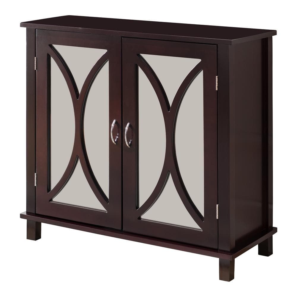 Espresso Wood Demilune Mirrored Storage Cabinet with Adjustable Shelf