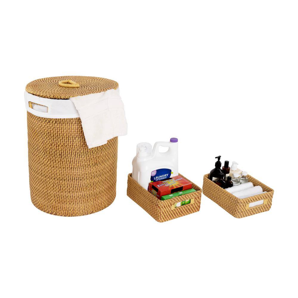 Handwoven Natural Wicker Lidded Laundry Hamper Set