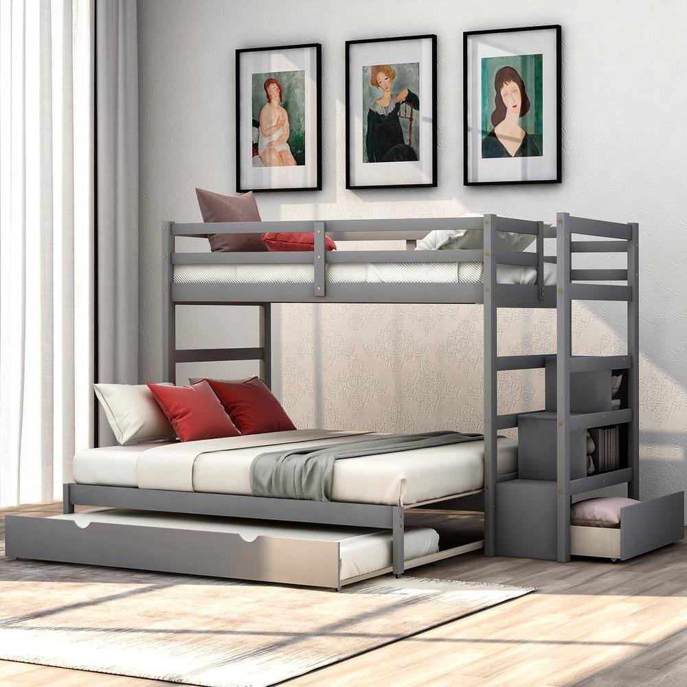 Harper & Bright Designs Extendable Gray Twin over Twin/King Wood Bunk ...