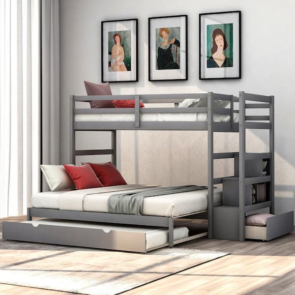 Harper & Bright Designs Extendable Gray Twin over Twin/King Wood Bunk Bed with Twin Size Trundle, Storage Staircase, 3-Drawer, Shelves