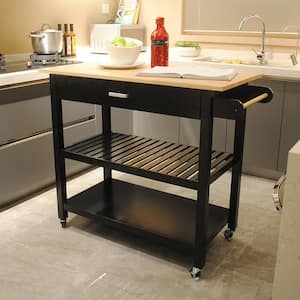Black Mobile Kitchen Island Kitchen Cart with 2-Lockable Wheels, Rubber Wood Top