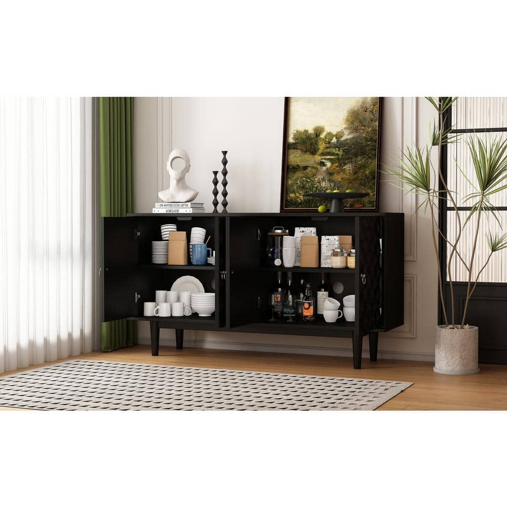 Modern Black Wood 60.70 in W Sideboard with 4 Convex Pattern Doors and 2 Si