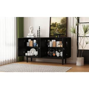 Modern Black Wood 60.70 in W Sideboard with 4 Convex Pattern Doors and 2 Silver Handle for the Living Room