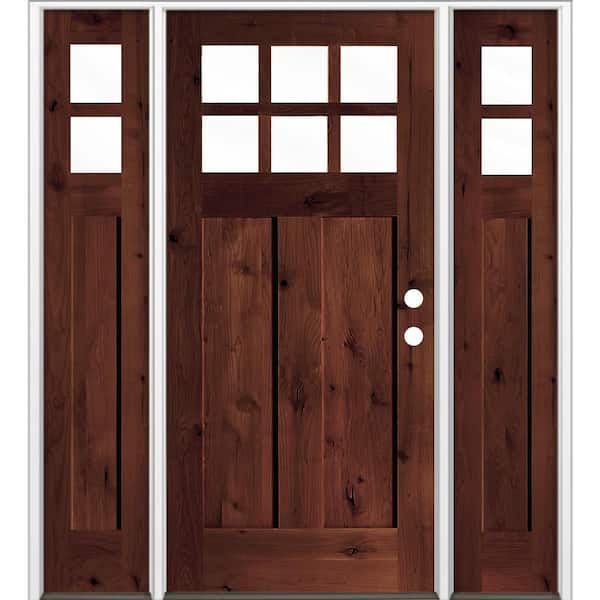 64 in. x 80 in. Knotty Alder Left-Hand/Inswing 6Lite Beveled Clear Glass Red Mahogany Stain Wood Prehung Front Door wDSL