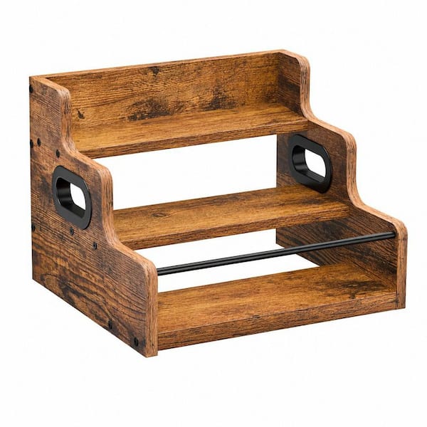 9.25 in. H x 16 in. W 12-Bottle Brown Wood Bar Shelf, Coffee Syrup Rack Organizer, 3 Step Countertop Liquor Wine Rack