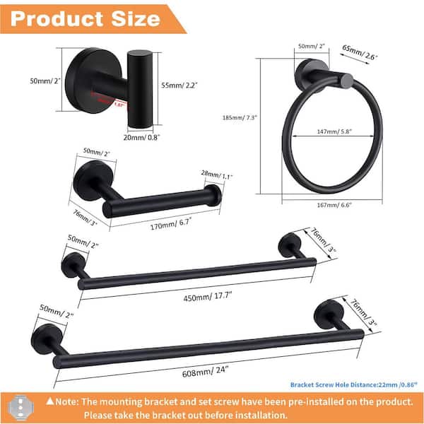 ruiling - Porter 6- Piece Bath Hardware Set with Towel Ring Toilet Paper Holder Towel Hook and Towel Bar in Stainless Steel Black
