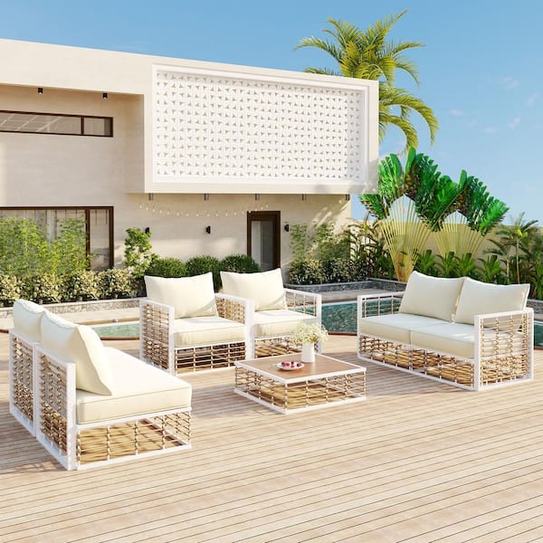 Gilati 7-Piece Metal Patio Outdoor Sectional Set Garden Conversational Set with Coffee Table and Beige Cushions