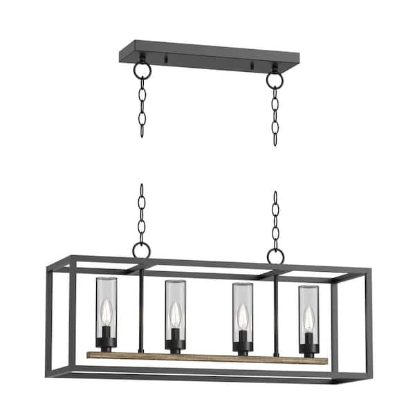 Hampton Bay Collier 4-Light Gray Wood Outdoor Chandelier with Pewter/Clear Seeded Glass Shade
