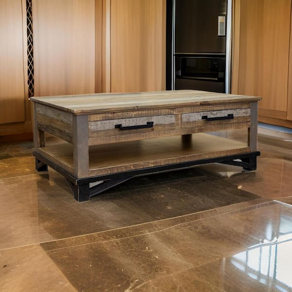 Benjara Peya 30.5 in. Gray and Black Rectangle Wood Coffee Table with 4 Drawers and Shelf