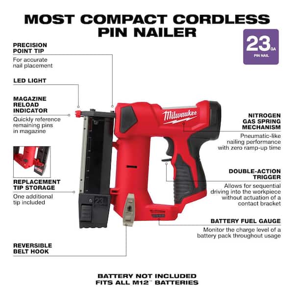 Milwaukee M12 23GA Pin Nailer with M12 10 OZ Caulk Gun (Bare Tool) and M12 High Output 2.5 AH Battery