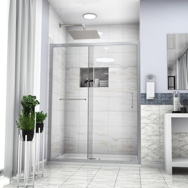 60 in. W x 72 in. H Single Sliding Framed Shower Door in Brushed Nickel Finish with Clear Glass