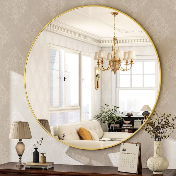 XRAMFY 30 in. W x 30 in. H Round Gold Vanity Mirror with Brushed Aluminum Alloy Frame Modern Decoration Wall Mirror