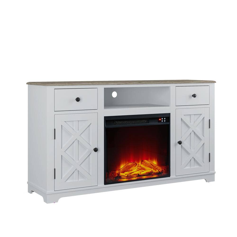 65" Off-White Farmhouse TV Stand with Electric Fireplace