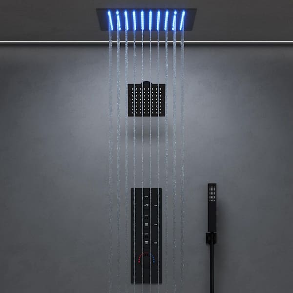 12 in. Mood Light Quadruple Handles 3-Spray Shower Faucet 2.5 GPM with LED, Anti Scald in. Matte Black