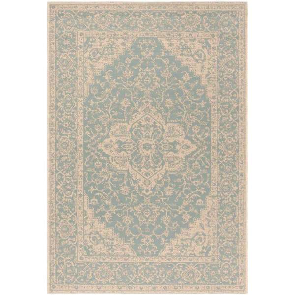 Beach House Aqua/Cream Doormat 2 ft. x 4 ft. Border Floral Indoor/Outdoor Area Rug