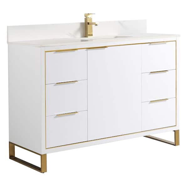 FINE FIXTURES Opulence 48 in. W x 18 in. D x 33.5 in. H Single Sink Bath Vanity in White Matte with White Carrara Top