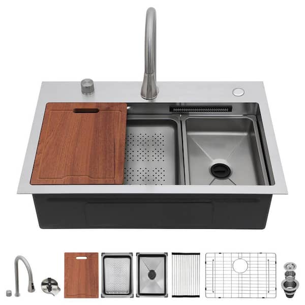31 in. Drop-in Single Bowl 16-Gauge Stainless Steel Workstation Kitchen Sink with Flying Rain Waterfall Faucet