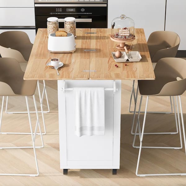 ARTCHIRLY White Rubber Wood Top 49.02 in. Kitchen Island with Foldable Countertop, Slide-Out Shelf and Drawer