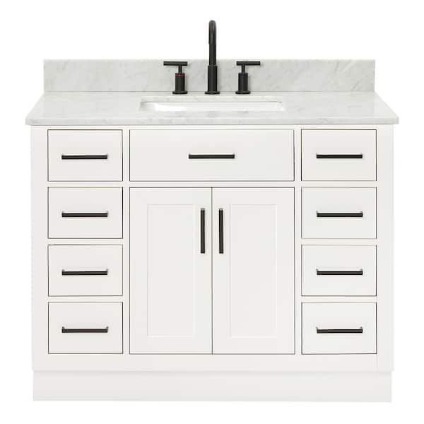 Hepburn 42 in. Single Sink Freestanding Bathroom Vanity in White with 0.75 in. Carrara White Marble Top