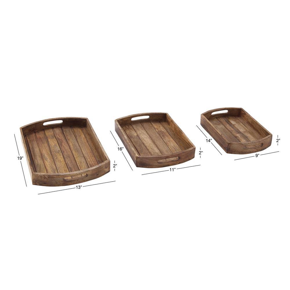 Light Brown Mango Wood Decorative Tray Set with Slot Handles, 3-Piece