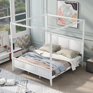 Modern White Wood Frame King Size Canopy Bed with Headboard and Footboard and Slat Support Legs