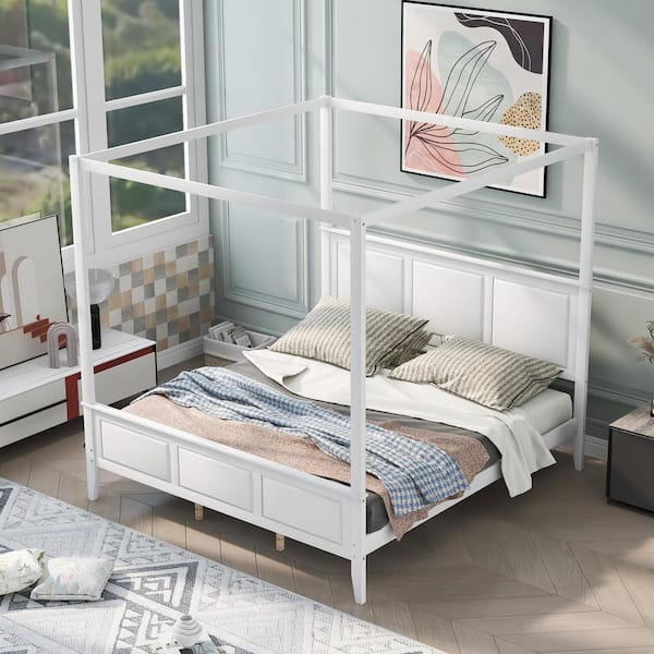 Harper & Bright Designs Modern White Wood Frame King Size Canopy Bed with Headboard and Footboard and Slat Support Legs
