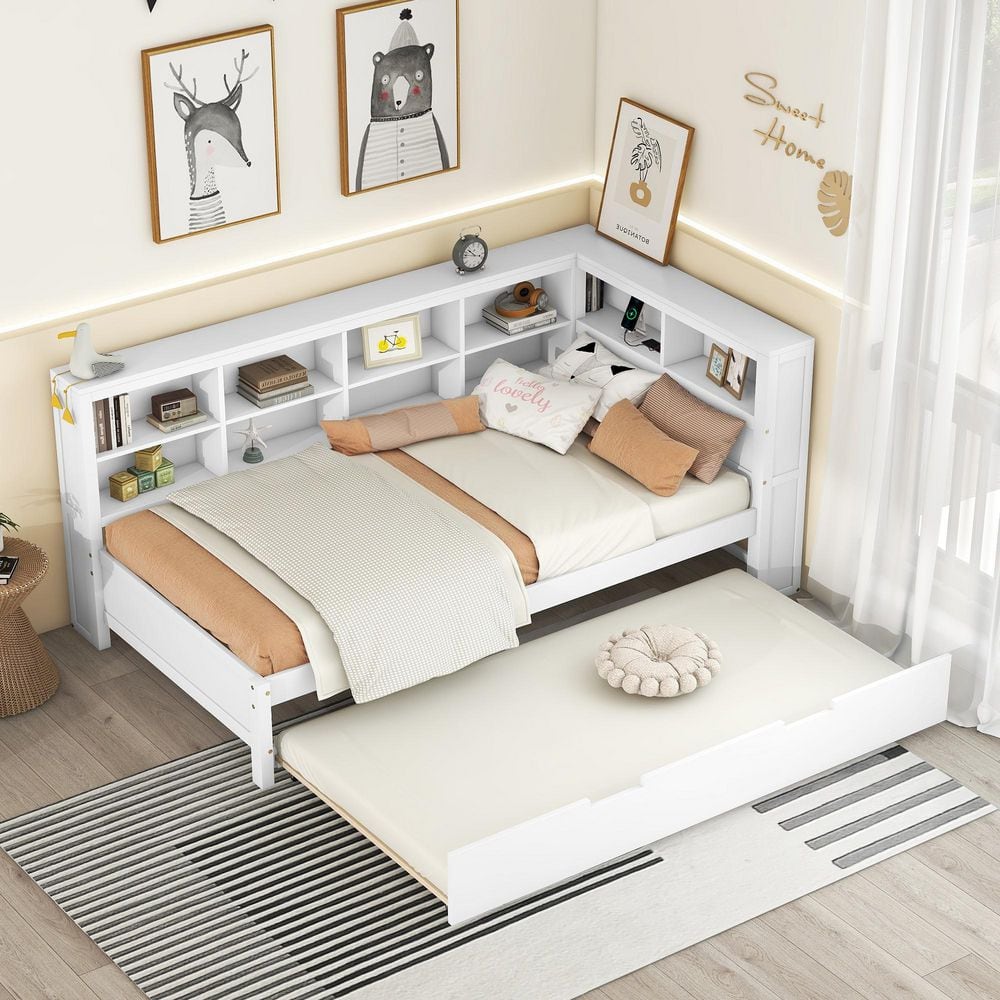 Horace Modern White Twin Size Wooden Daybed with Twin Size Trundle, USB Charging Station, and Storage Shelves price history on PriceWatchPro