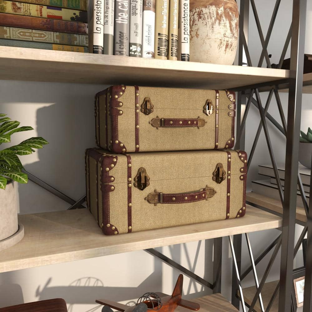 Beige Burlap and Leather Vintage Trunk Set, 2 Pieces