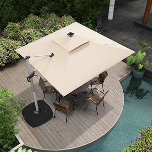 9 ft. Square Aluminum Solar Powered LED Patio Cantilever Offset Umbrella with Wheels Base, Beige
