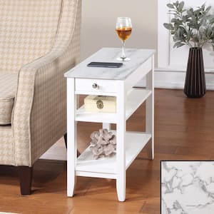 American Heritage 23.5 in. White Faux Marble/White Birch Veneer Rectangle MDF End Table with 1 Drawer and Shelves