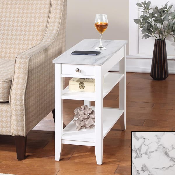 Convenience Concepts American Heritage 23.5 in. White Faux Marble/White Birch Veneer Rectangle MDF End Table with 1 Drawer and Shelves