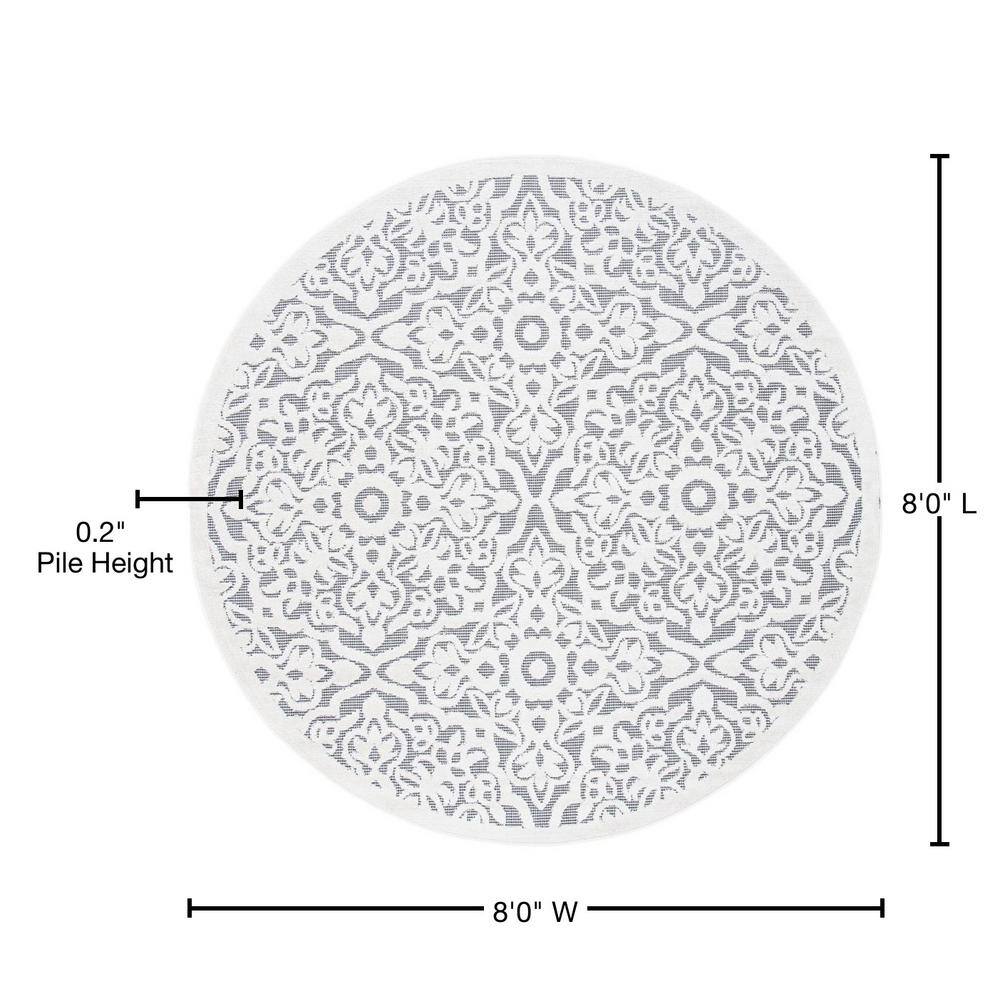 Ivory and Grey Floral Round Synthetic Indoor/Outdoor Rug
