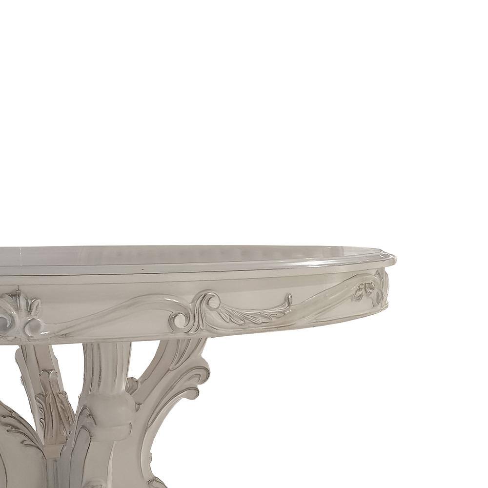 Bone White Round Wood and Glass Dining Table with Pedestal Base