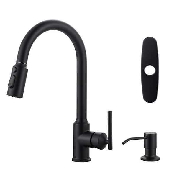 AVITAS Matte Black 15 in. 3-Mode Single Handle Pull Down Sprayer Kitchen Faucet with 360° Swivel Spout and Soap Dispenser